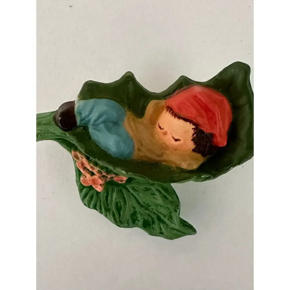 Vintage Sleeping Elf Child Leaf Brooch Hand Painted Figural Pin 2.25